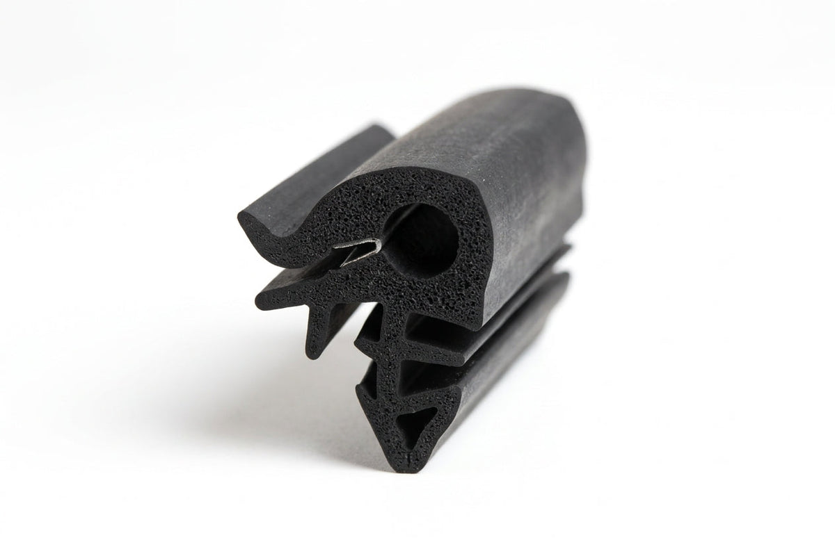 Black sponge seal with hollow bulb, side fin and split mounting base, cut end shown at an angle