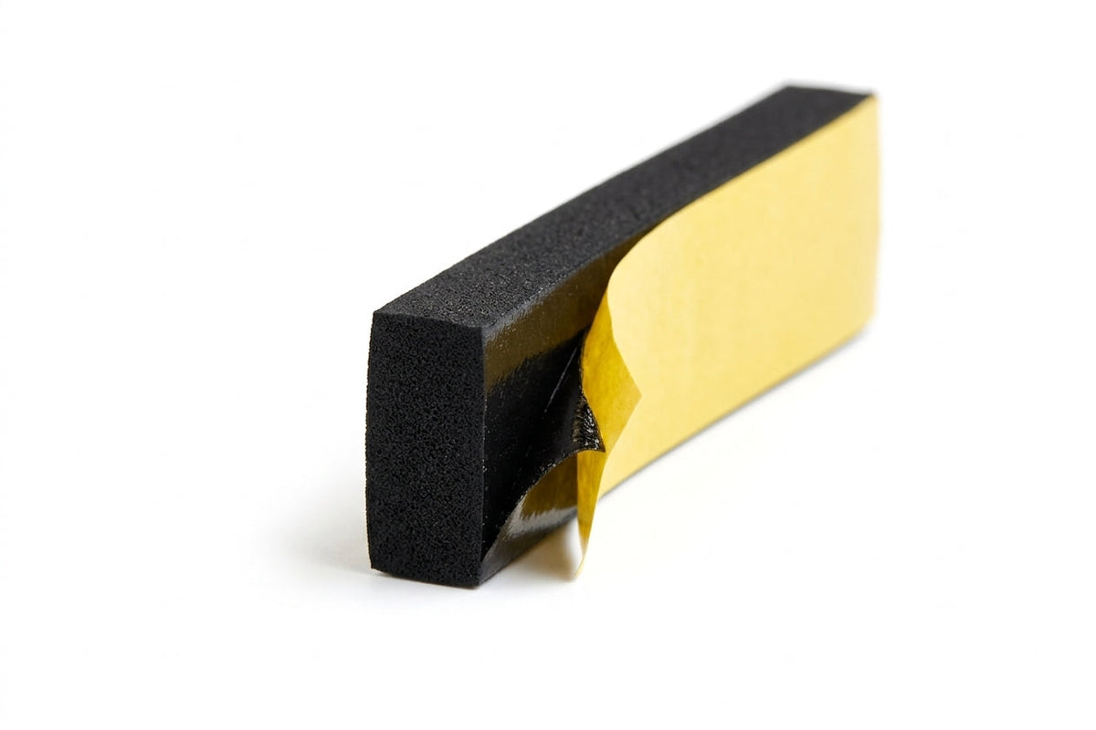 Black sponge strip block with yellow adhesive backing partly peeled away, studio shot