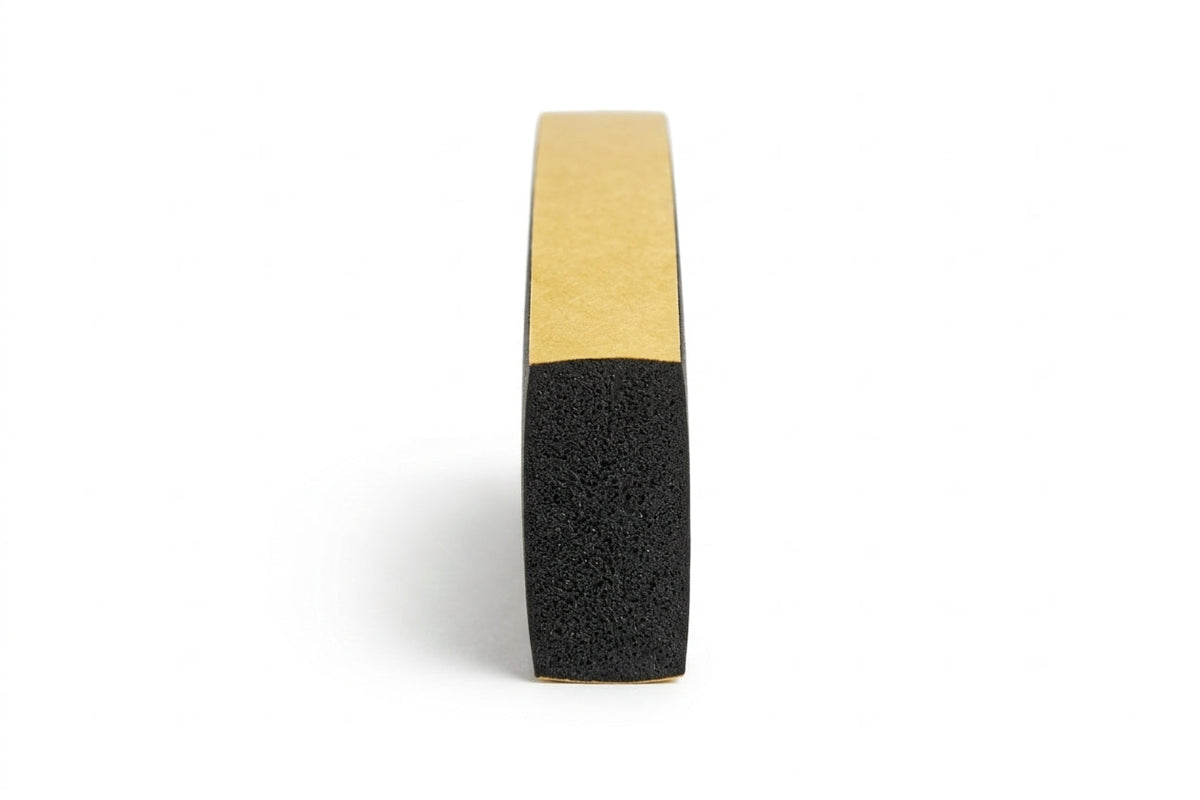 Front-on view of a black sponge strip with tan adhesive backing, showing porous cut face