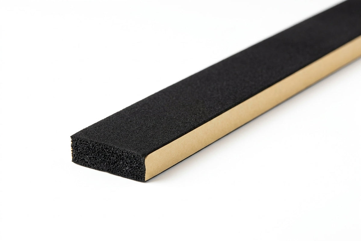 Flat black sponge strip with tan adhesive backing, angled studio shot of the cut end