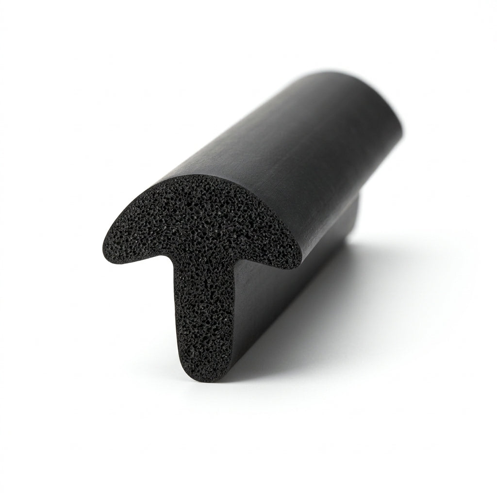 Black EPDM T-section with visible open-cell sponge texture at the cut end