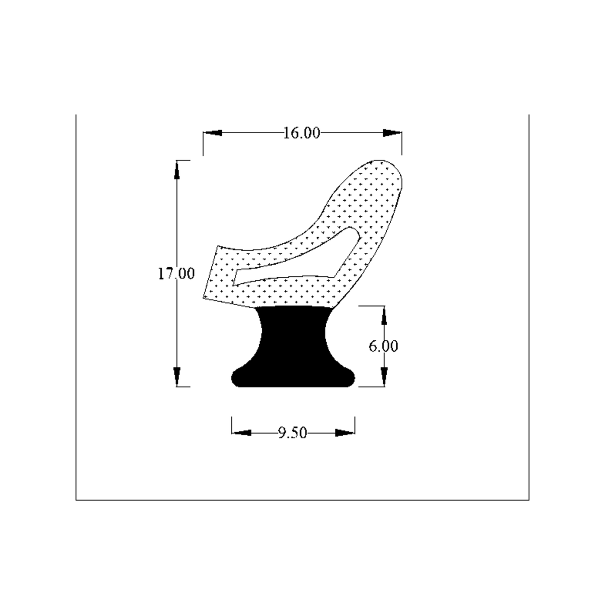 Technical line drawing of sponge section seal profile with millimetre dimensions
