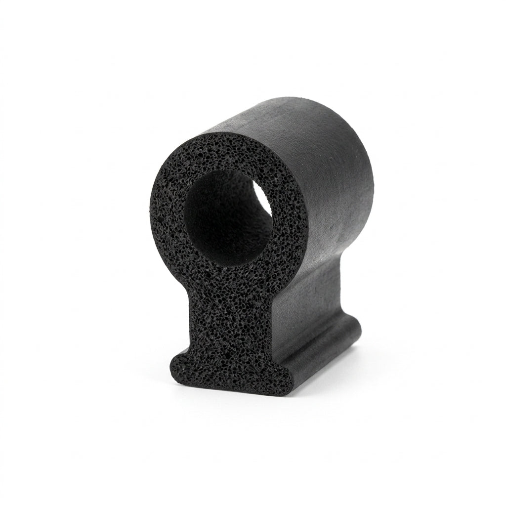 Black sponge rubber seal with round bulb and flat mounting foot, cut end showing porous texture