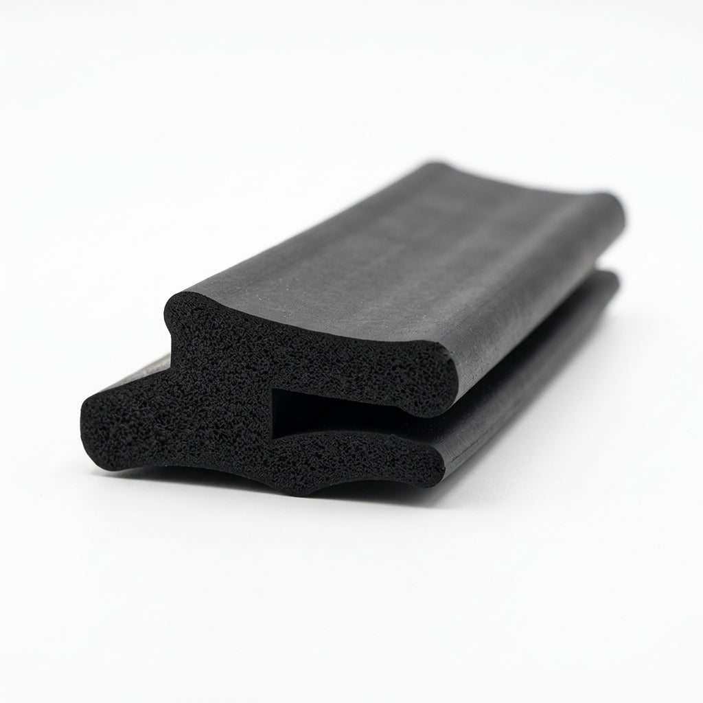 Black rubber boot seal, coiled length showing twin-bulb profile, studio shot
