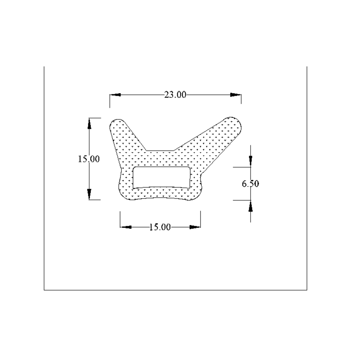 Technical diagram of wing-shaped sponge seal profile with 23.00, 15.00 and 6.50mm dimensions