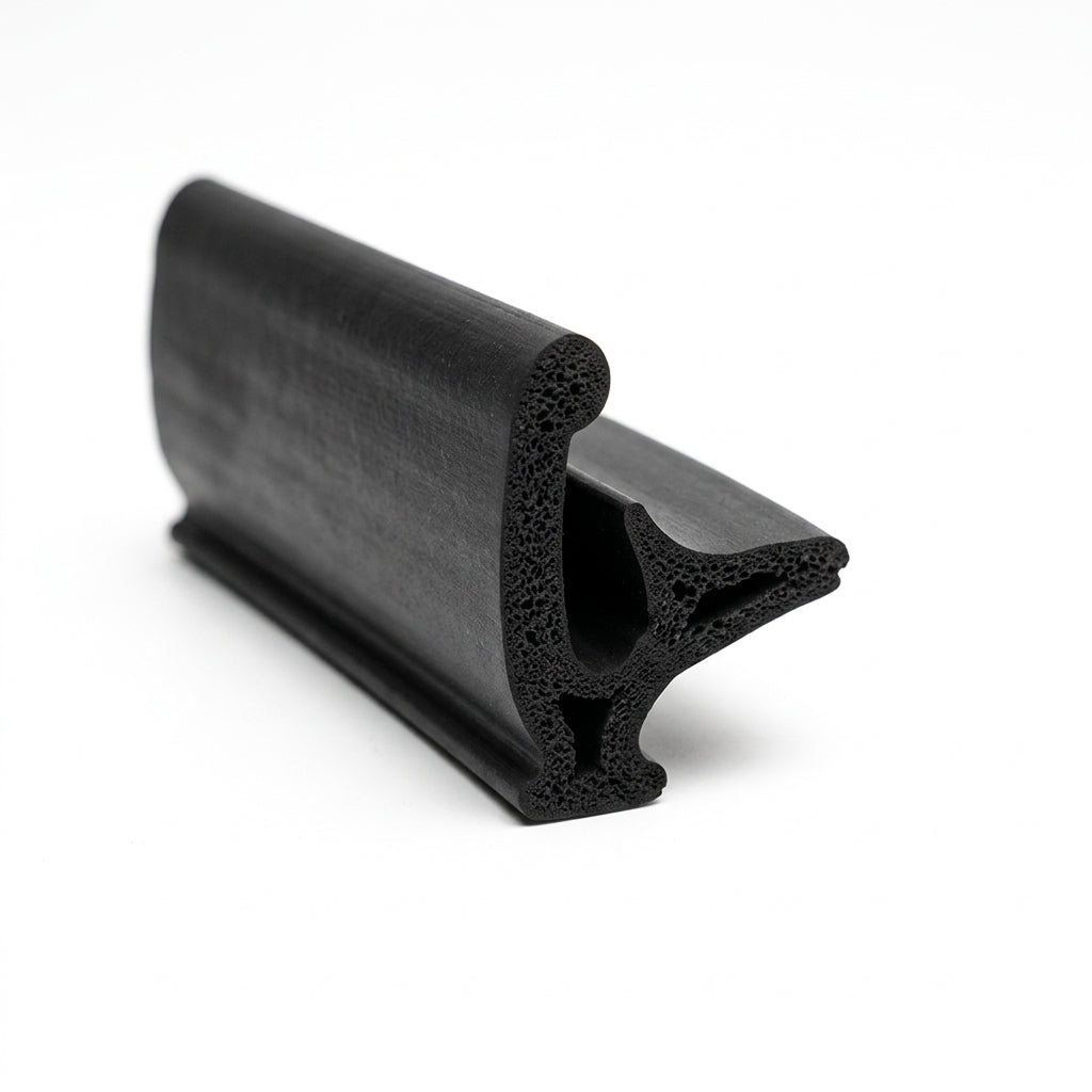 Black sponge rubber seal with curved cap and hollow leg, angled studio shot