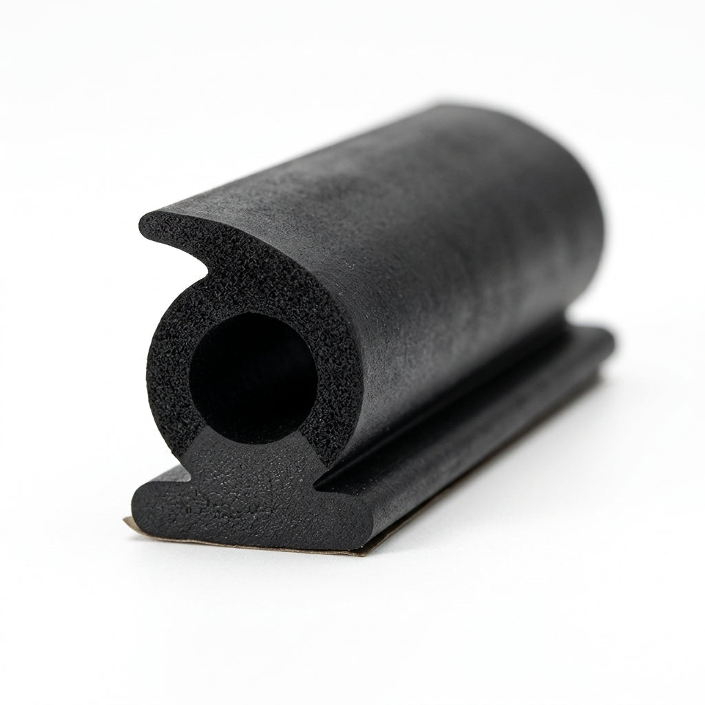 Black hooked sponge seal with round hollow bore and flat mounting foot, paper backing on the base