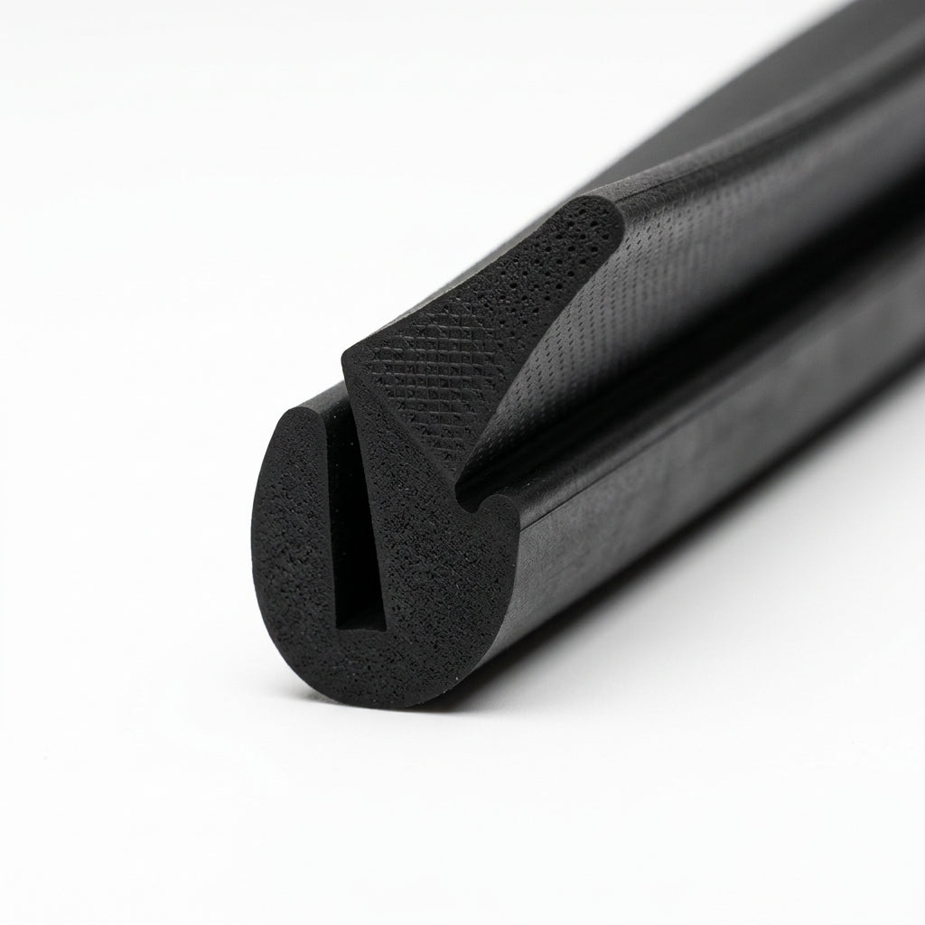 Black sponge section seal with textured dual-hardness bulb, close-up angled shot