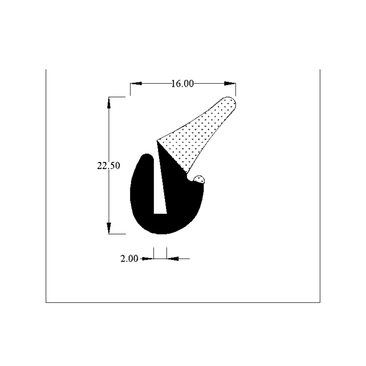 Technical line drawing of dual hardness sponge section seal profile, dimensions in mm