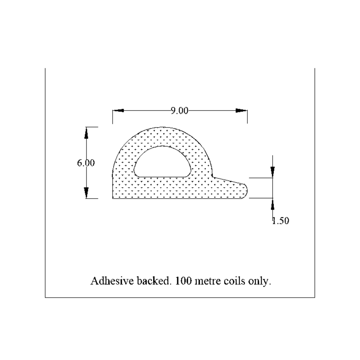 Dimensioned diagram of the flanged D-section with 9mm, 6mm and 1.50mm marks, adhesive backed
