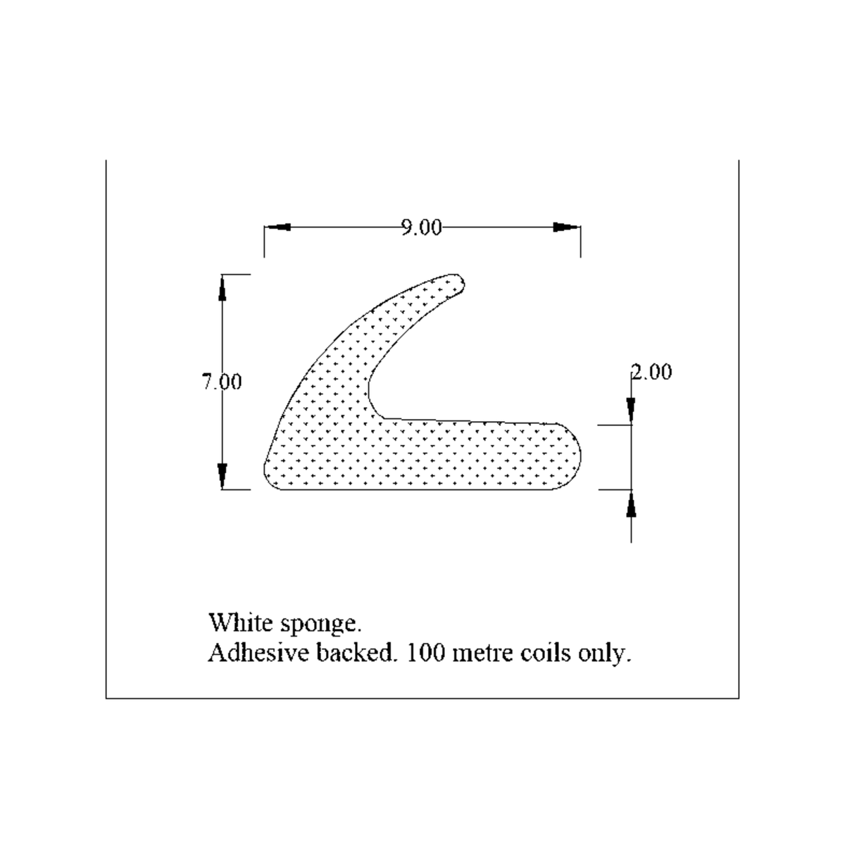Diagram of white sponge section, 9.00mm x 7.00mm, adhesive backed, 100m coils