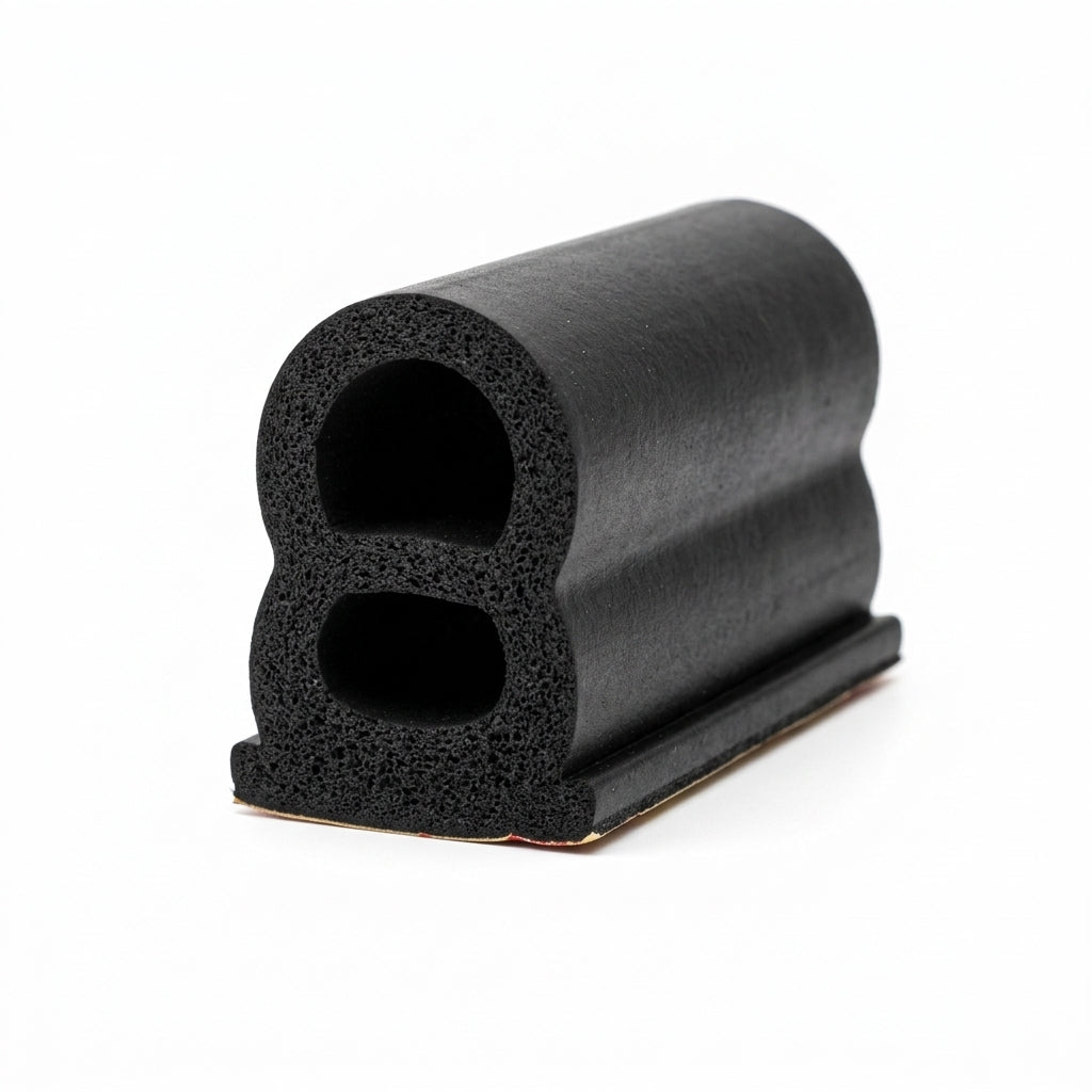 Black sponge rubber seal with adhesive tape backing, figure-8 profile, angled studio shot