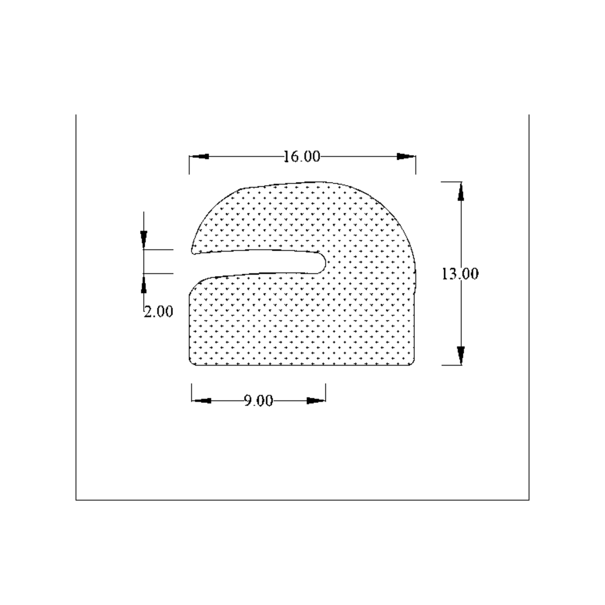 Dimensioned cross-section diagram of the notched profile with 16mm, 13mm, 9mm and 2mm marks