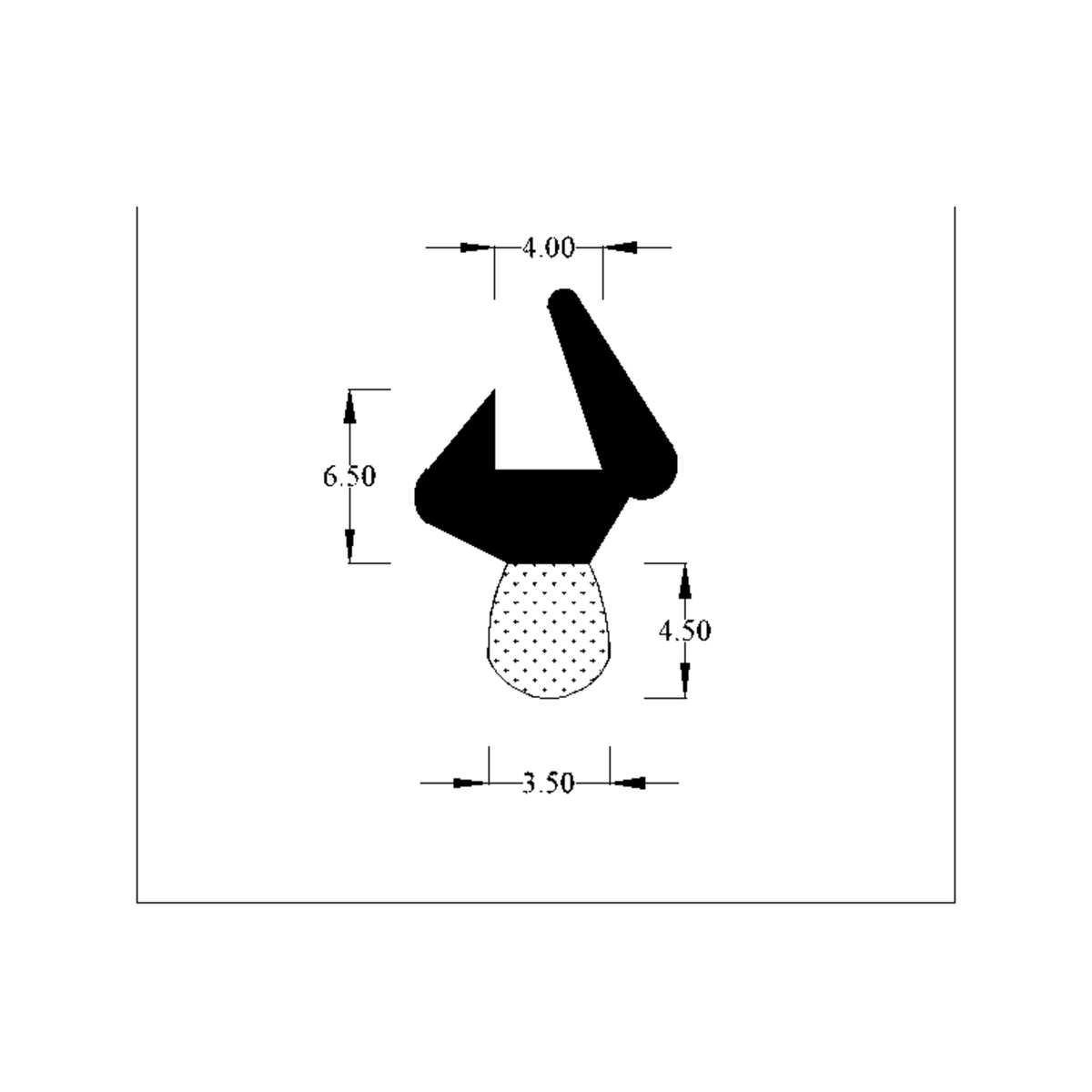 Cross-section diagram of dual hardness rubber extrusion with printed mm dimensions