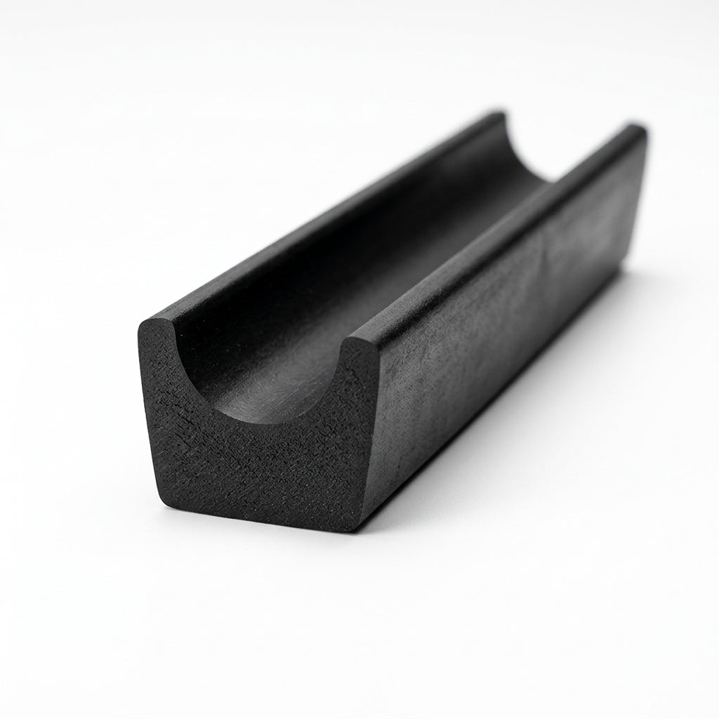 Black U-channel rubber seal profile, studio white background