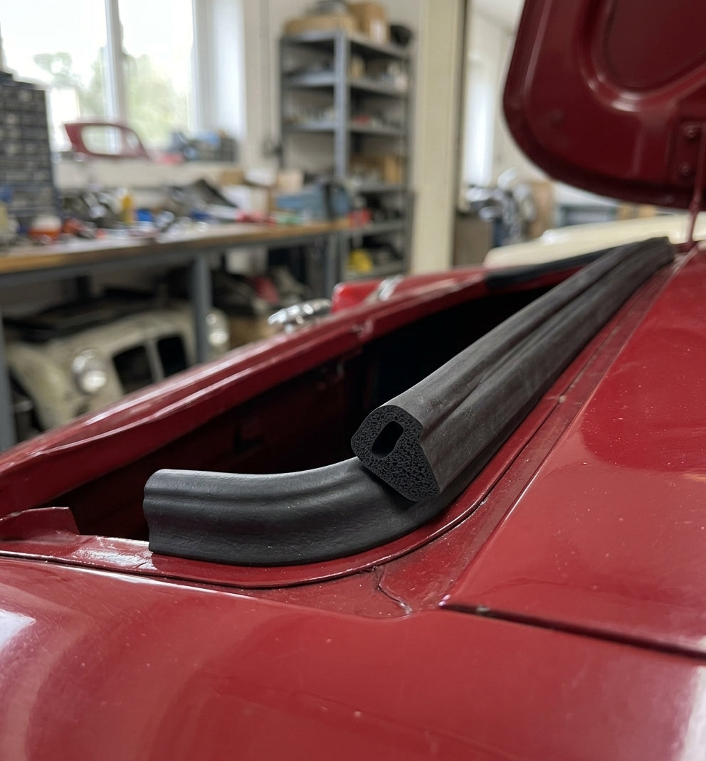 Black boot lid seal fitted along the edge of a red Triumph's boot
