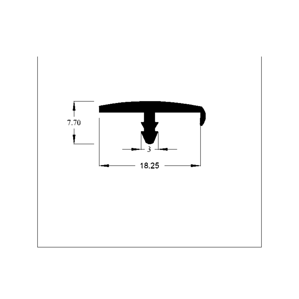 Diagram showing the trim's T-shaped cross-section, 18.25mm wide and 7.70mm tall