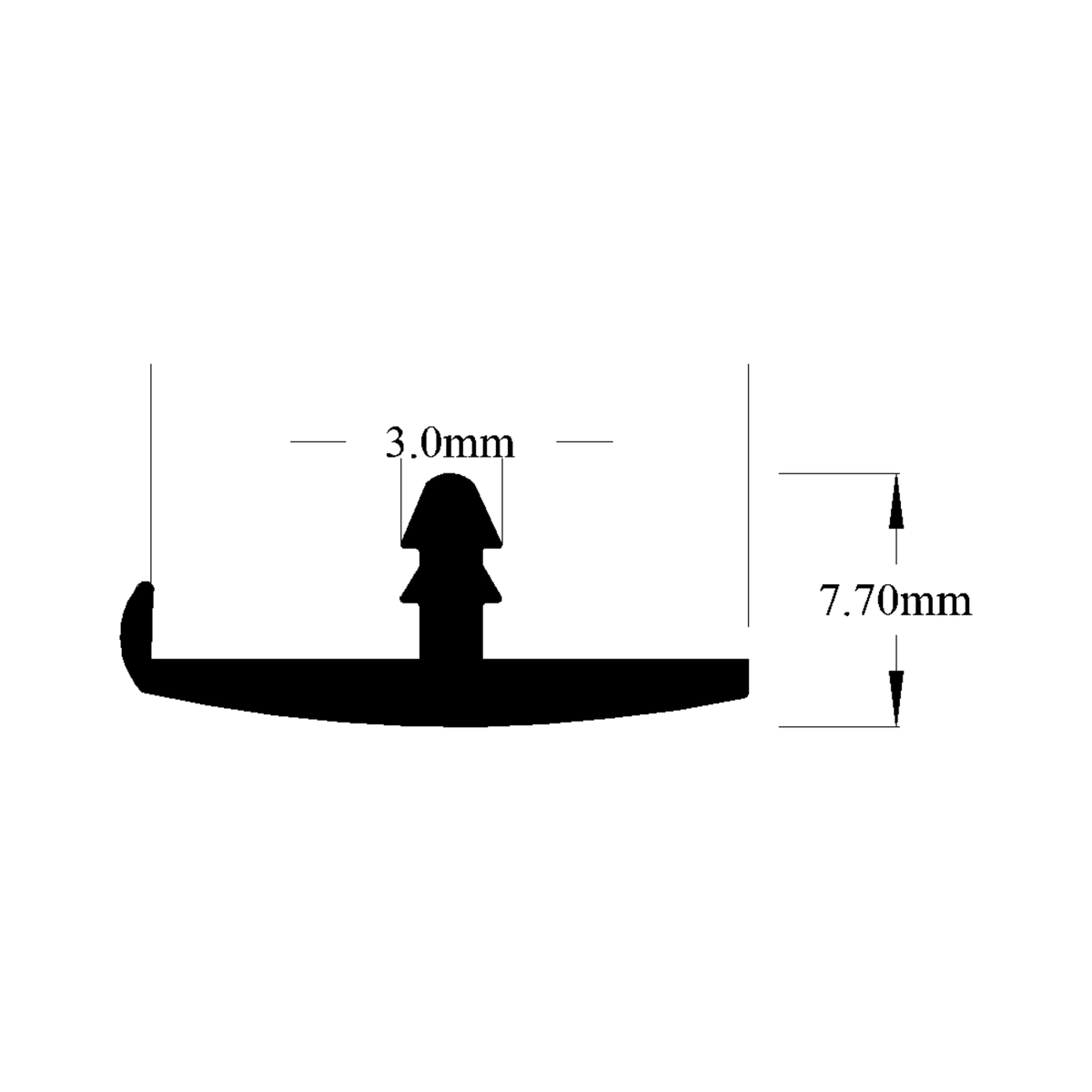 Dimensioned diagram of the single lip trim profile, 7.70mm tall with a 3.0mm locking fin