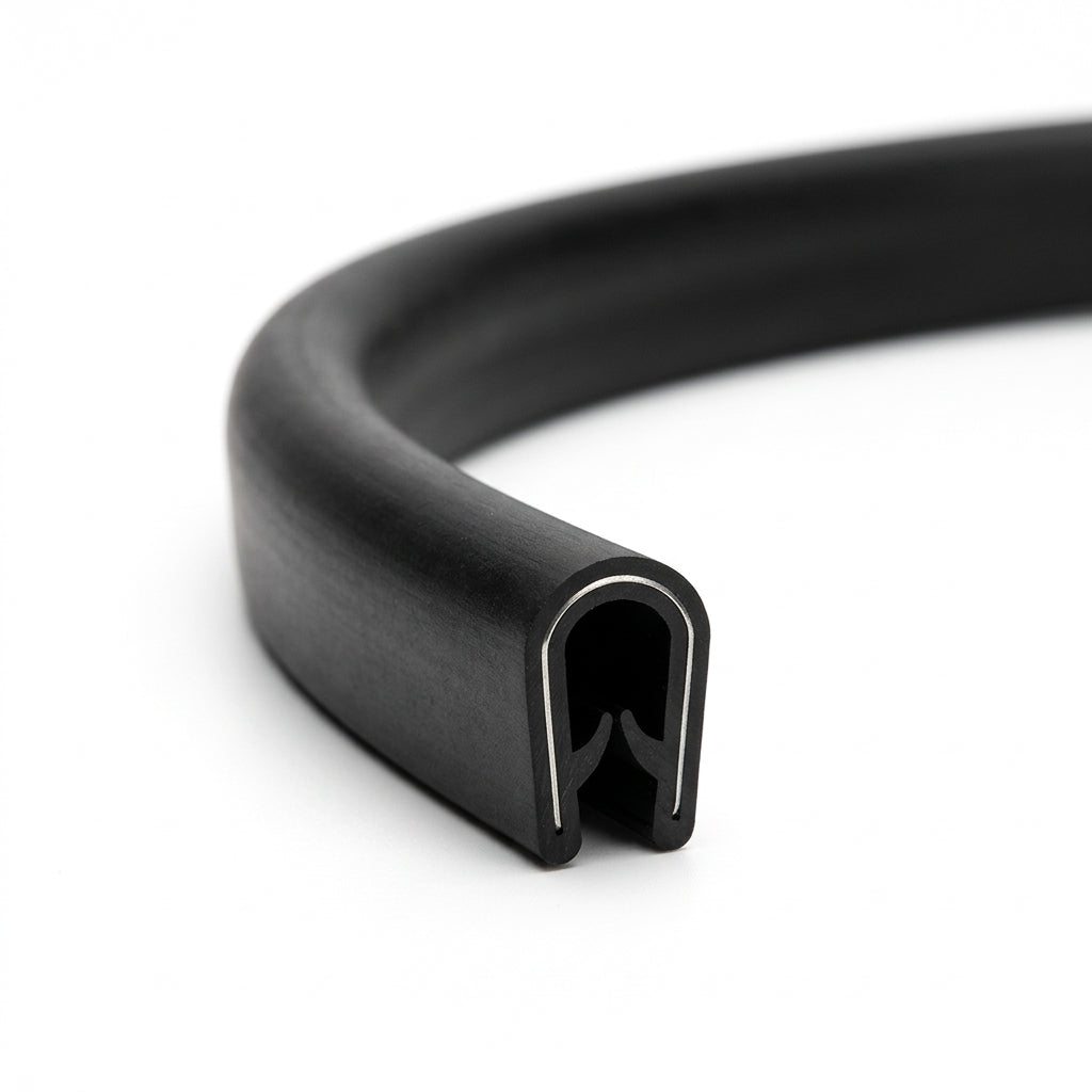 Coiled length of black PVC self-grip edging strip with visible grip channel