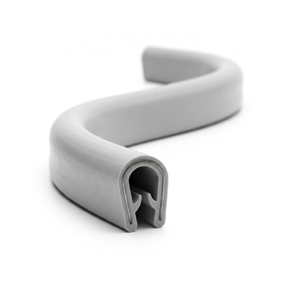 Curved length of light grey PVC edge trim with rubber grip channel underneath
