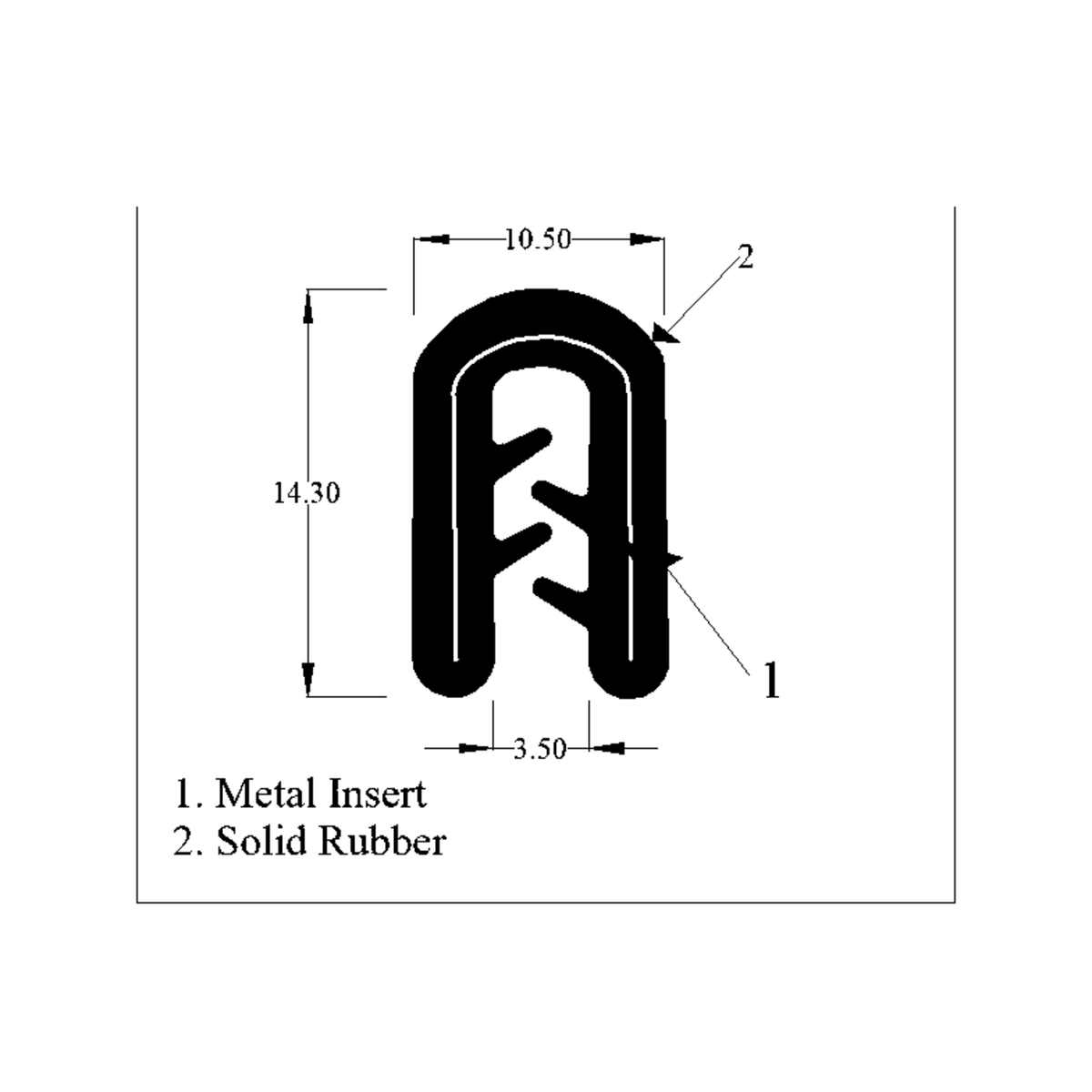 Cross-section drawing of the U-shaped edging strip, 10.50mm wide and 14.30mm tall, metal insert in solid rubber