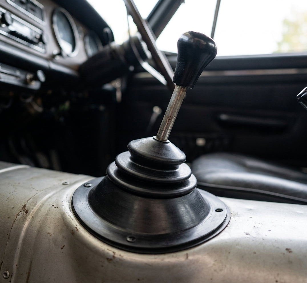 Black rubber gear lever gaiter fitted around the gearstick in a Triumph Stag
