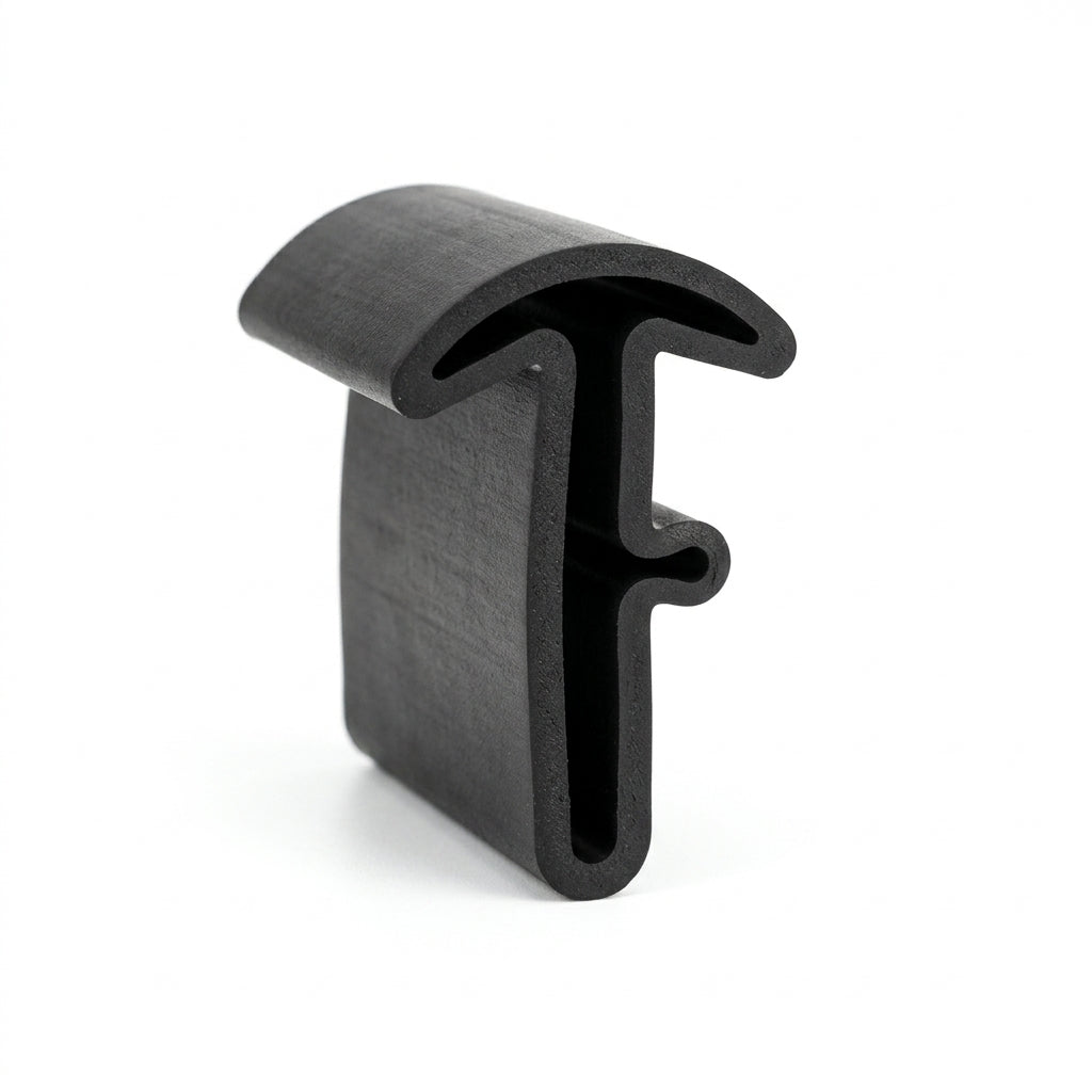 Black rubber T-shaped windscreen insert strip, angled studio shot on white background