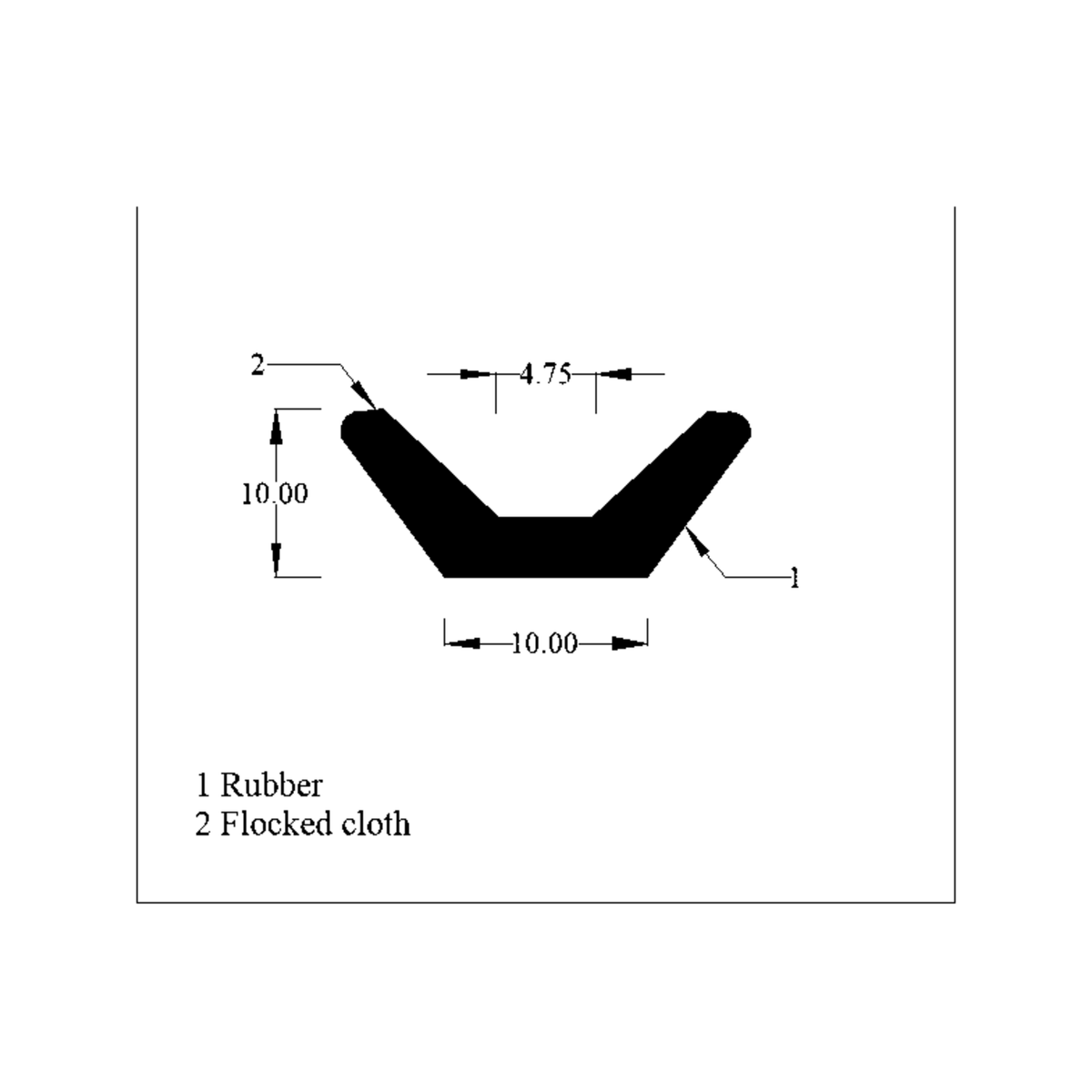Cross-section diagram of flock-lined window channel labelled rubber and flocked cloth, 4.75mm gap marked
