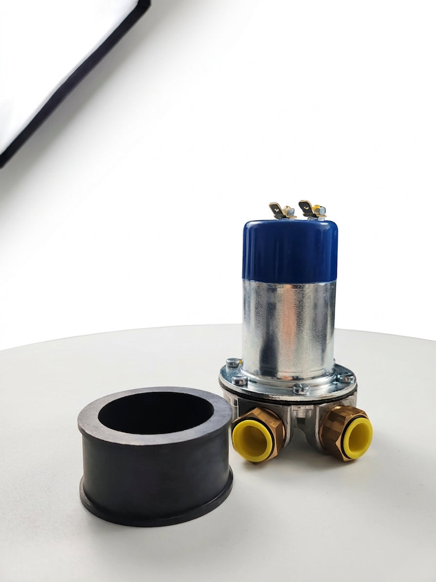 Electronic fuel pump with blue top and black rubber mount, studio shot on white background
