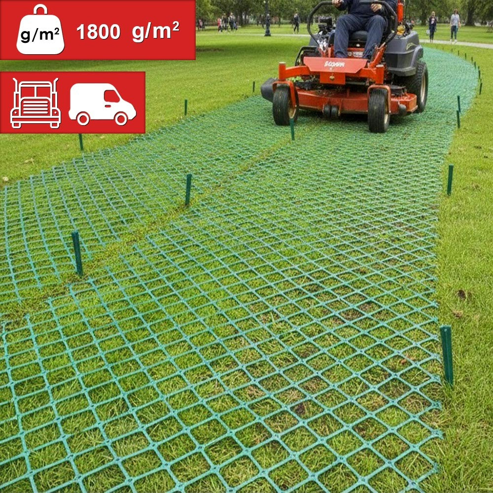 13 mm heavy duty ground reinforcement mat preventing rutting and protecting grass surface.