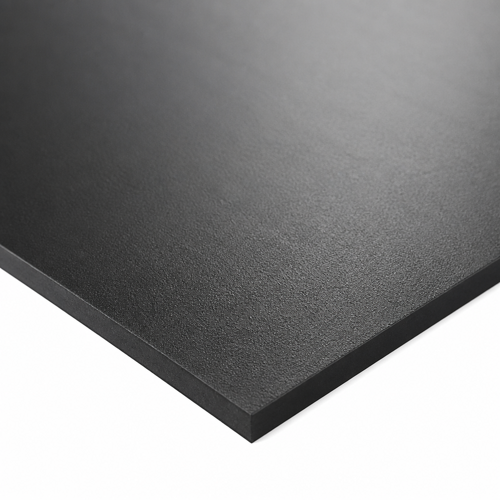 Close crop of a black polyethylene sheet corner on white, textured face and clean edge