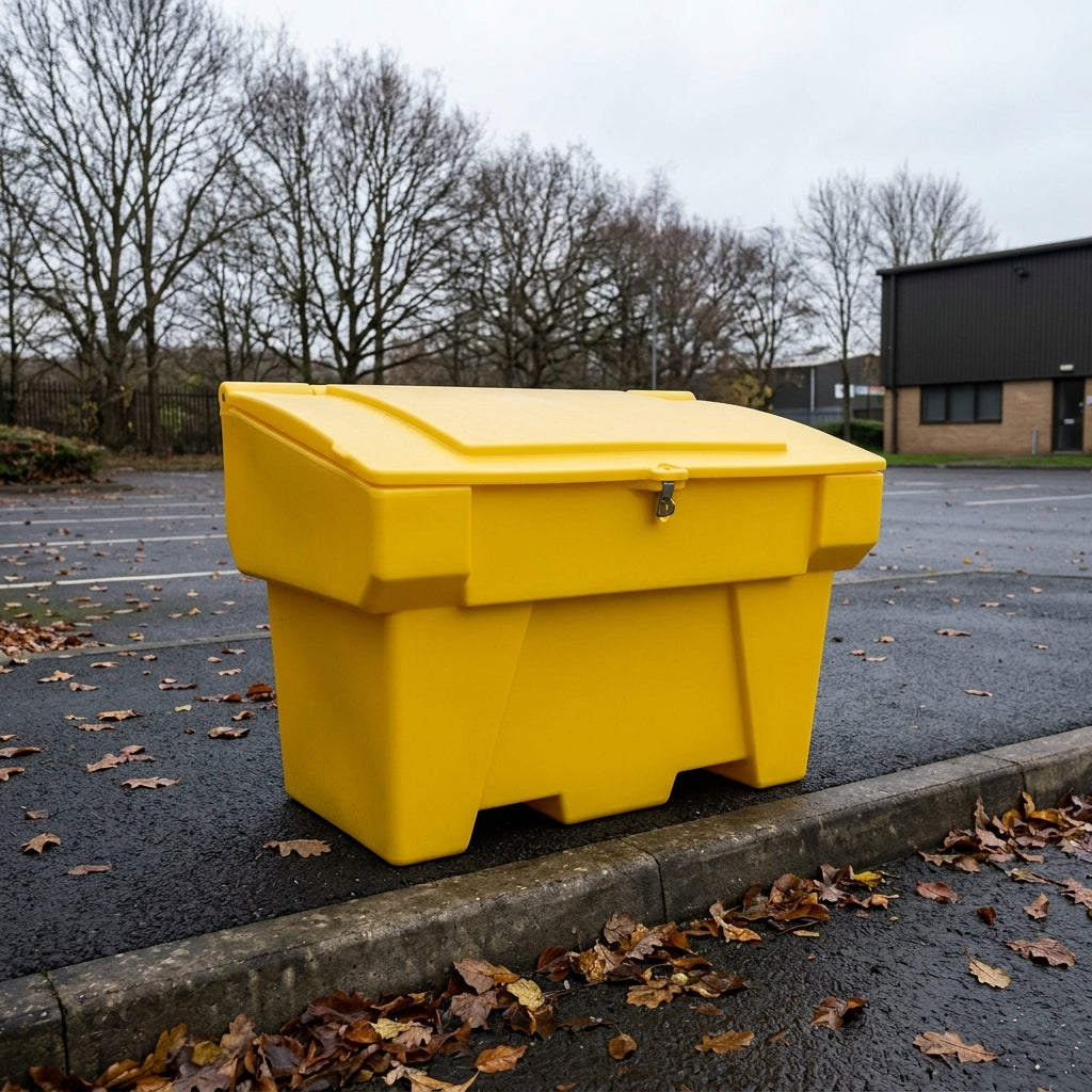Yellow plastic grit bin with a sloped hinged lid standing on wet tarmac beside a kerb in a car park, bare trees and fallen leaves behind