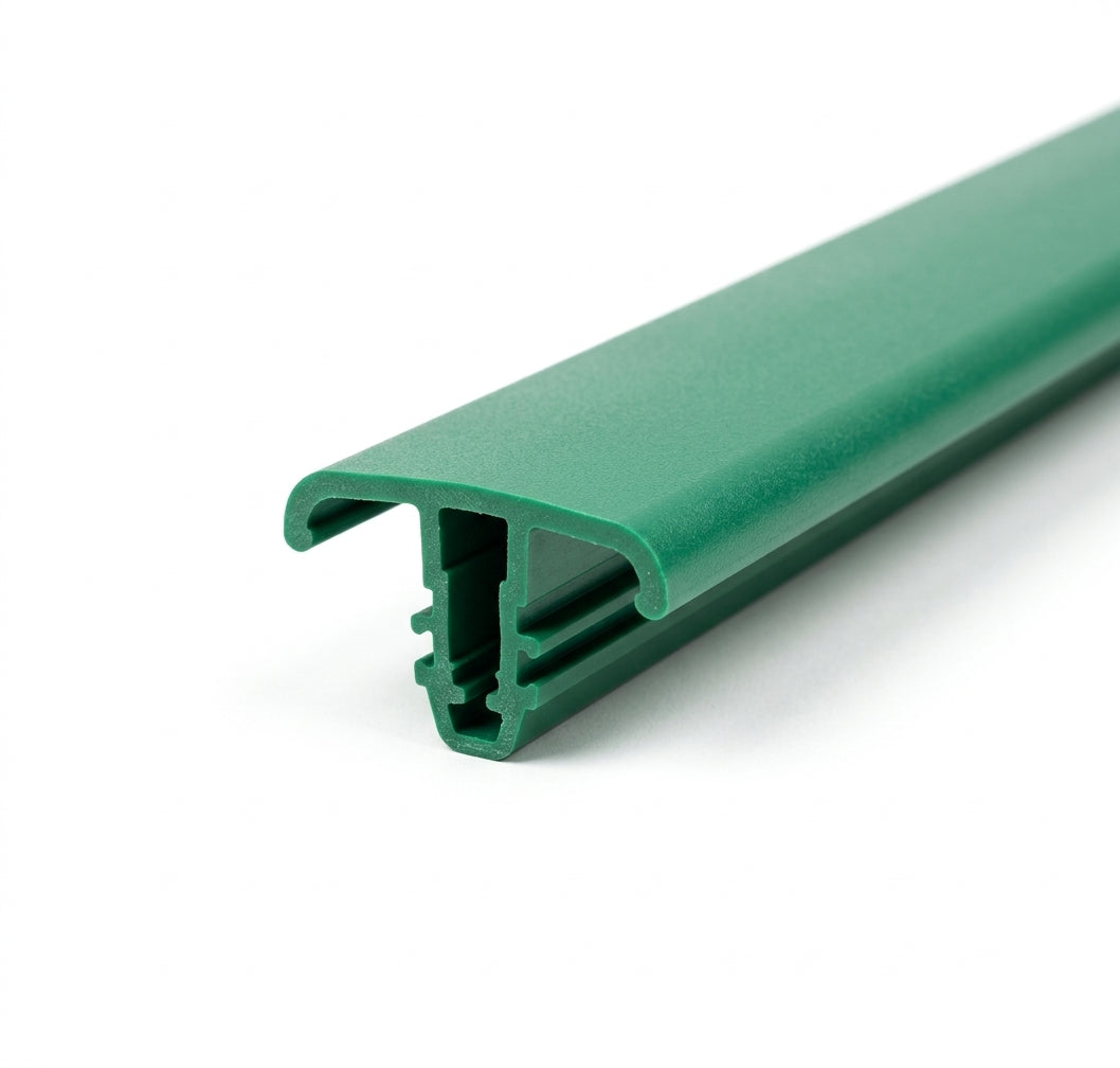 Green bumper trim profile, angled view showing clip-in channel, white background