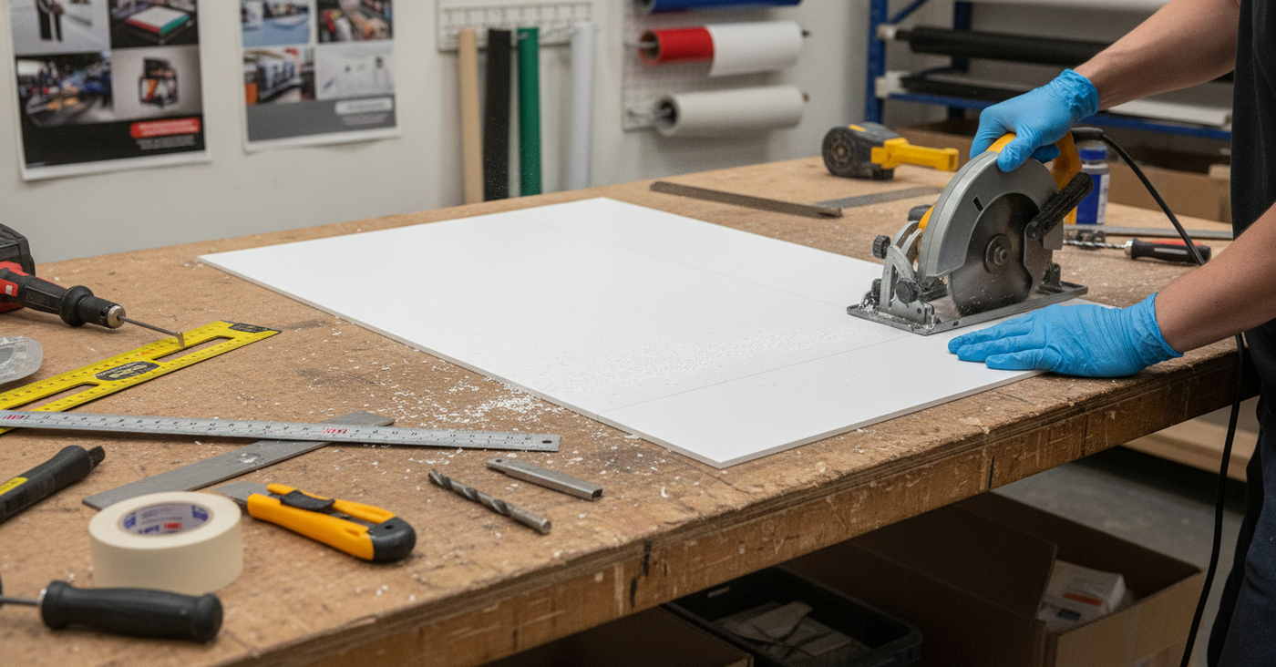 Worker in blue gloves cutting a white PVC sheet with a circular saw on a timber bench, tools laid out