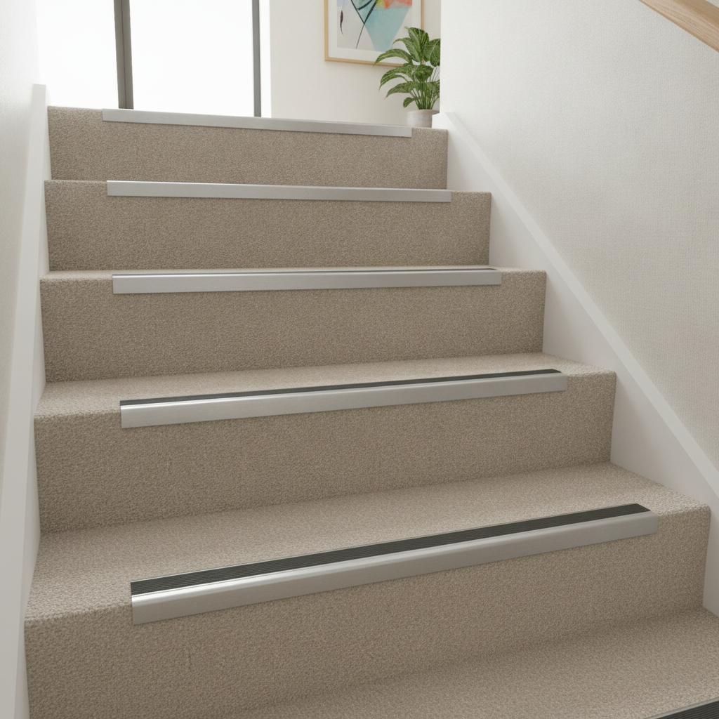 Aluminium anti-slip stair nosing in Anodised Silver with Grey Insert installed on carpeted stairs