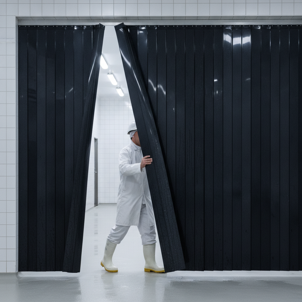 Solid black PVC strip curtains in abattoir / meat processing facility — complete hygiene and privacy barrier
