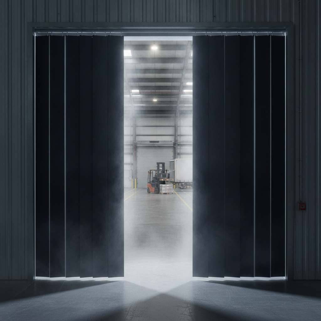 Black strip curtain parted in a cold store doorway, cold mist spilling out towards a lit warehouse
