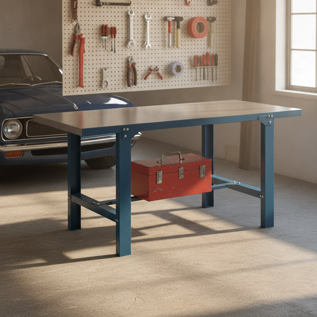 Heavy duty blue steel workbench with galvanised steel worktop set up in a home garage workshop, with a toolbox stored underneath and hand tools hanging on a pegboard behind it