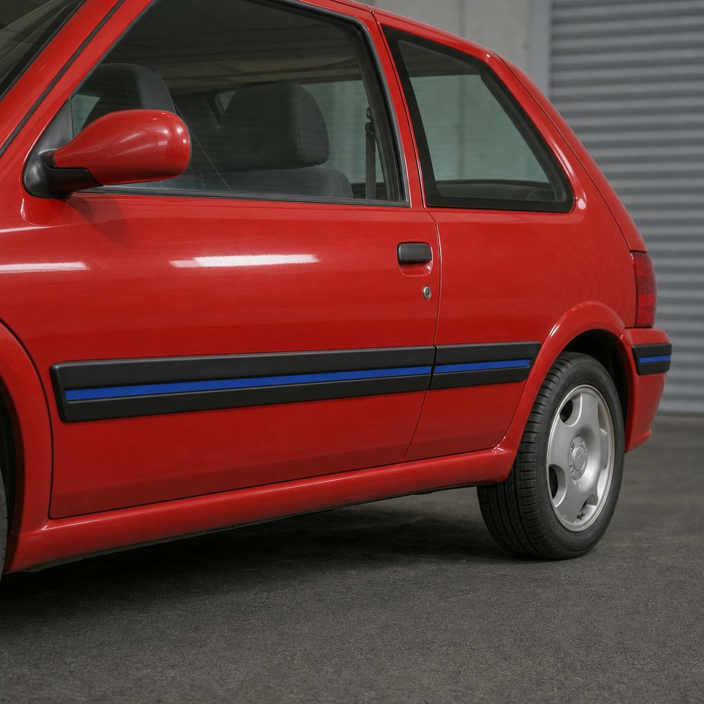 Black door moulding with blue insert stripe fitted along a red Fiesta's sill