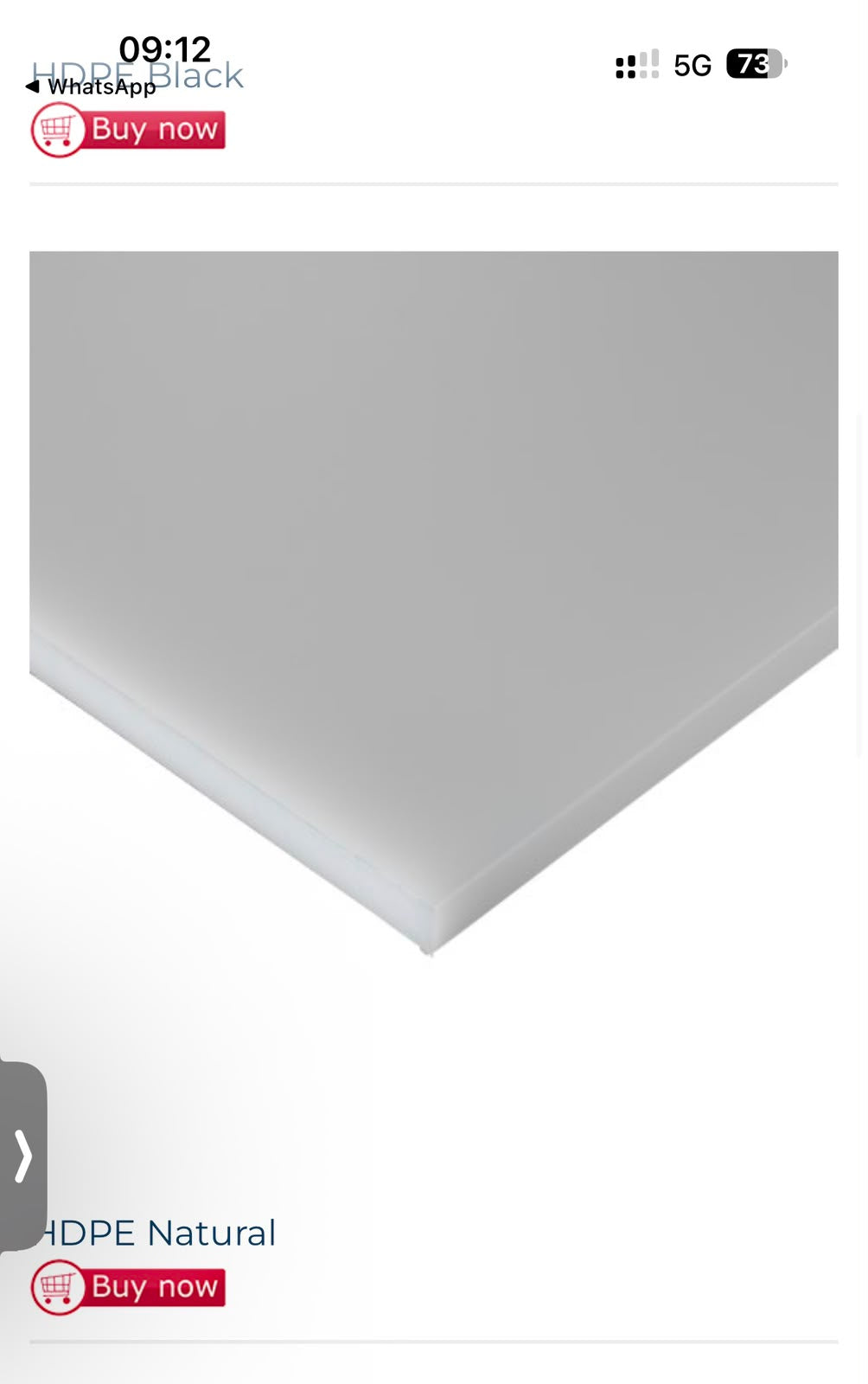 Phone screenshot of a shop listing: pale HDPE sheet corner between HDPE Black and HDPE Natural buy links