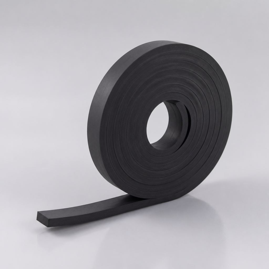 Deep coil of black rubber strip on a light grey background, open core and a square-ended tail in front