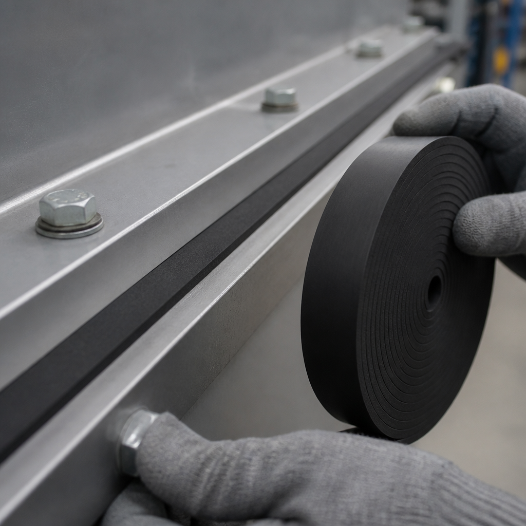 Two gloved hands positioning a coil of black rubber strip against a bolted grey steel frame joint