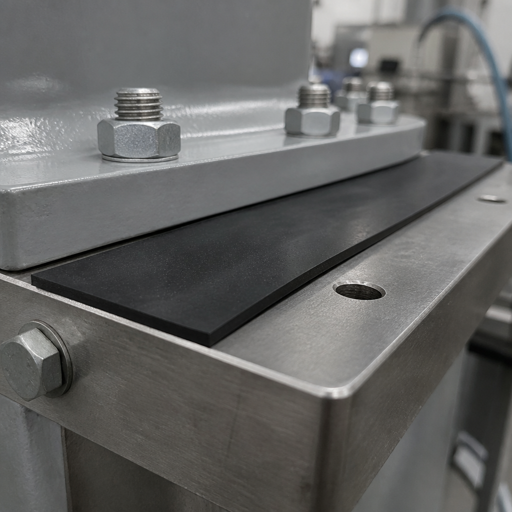 Black rubber strip set as packing between two bolted steel frame sections on machinery