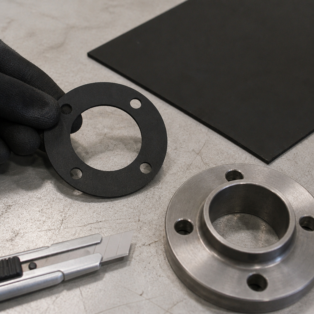 Gloved hand holding a black rubber flange gasket cut from sheet, beside a steel flange and utility knife