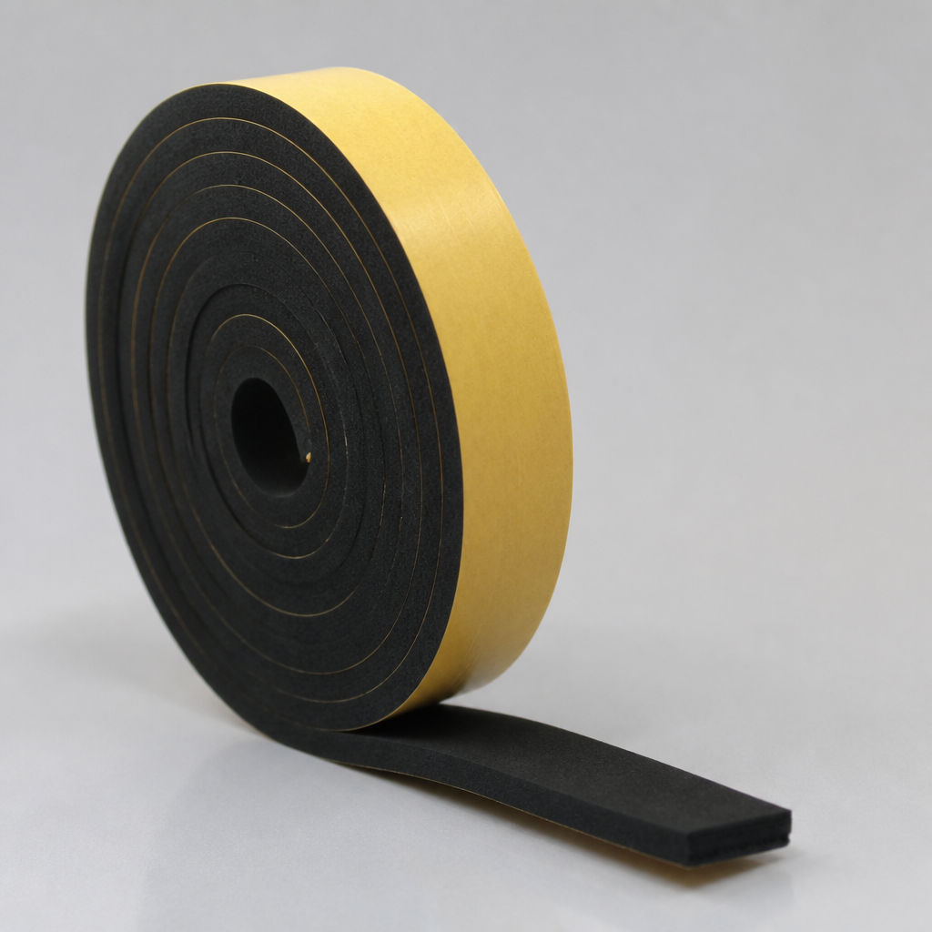Sponge rubber strip wound into a roll, yellow liner facing out, loose end flat to show the foam section