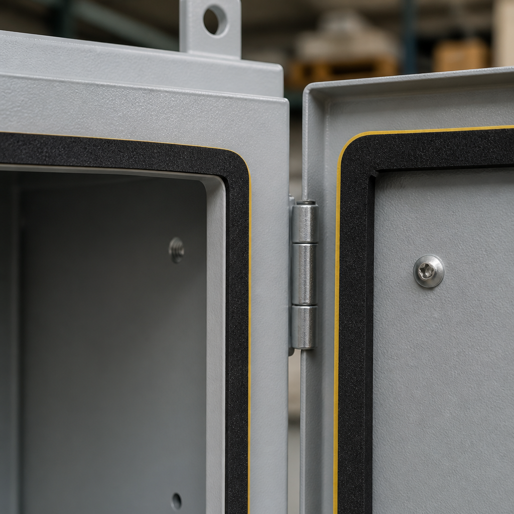 Two hinged grey enclosures sealed with black sponge rubber edging, thin yellow backing line along the door