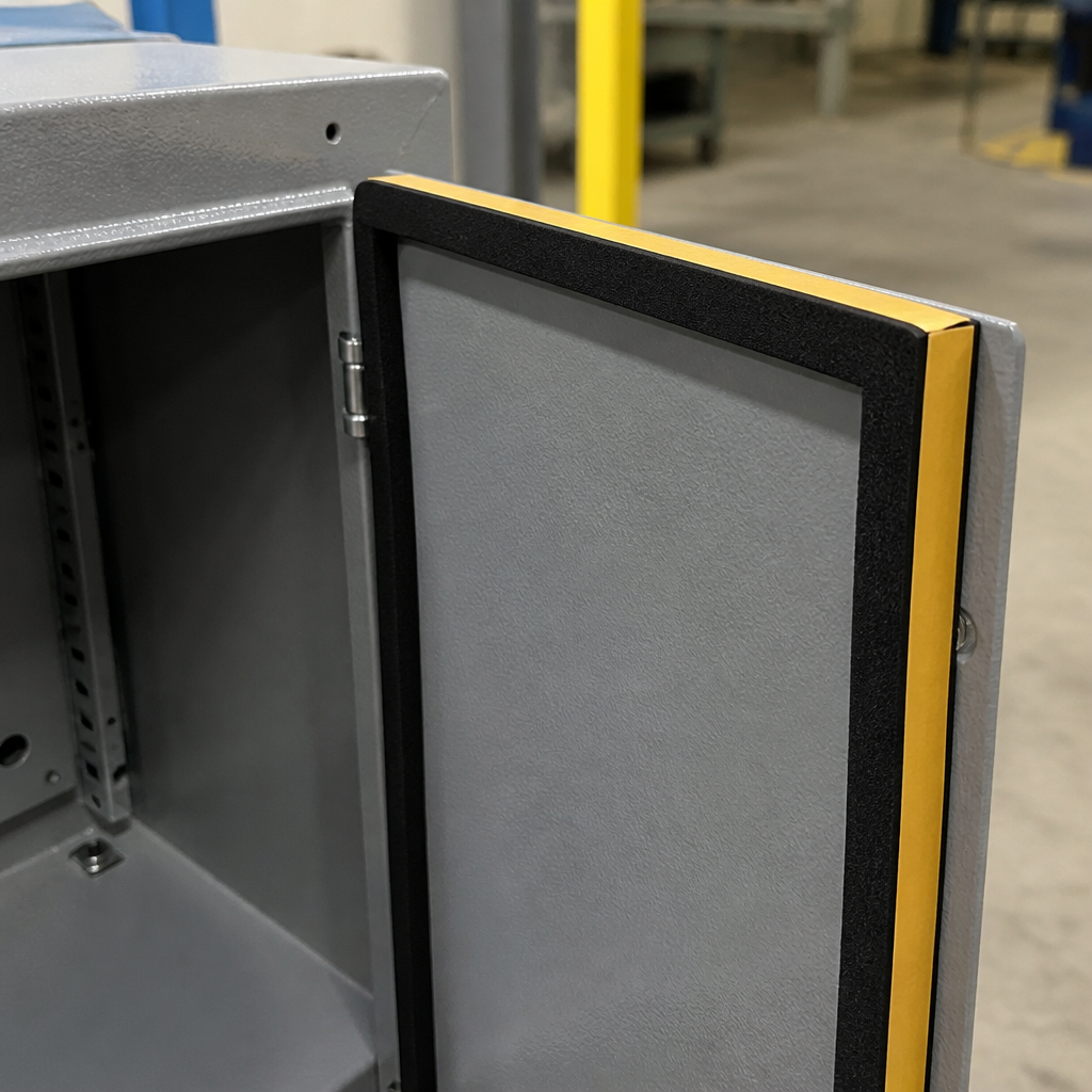 Grey cabinet door edged with a deep black sponge seal and yellow liner, open enclosure and workshop behind
