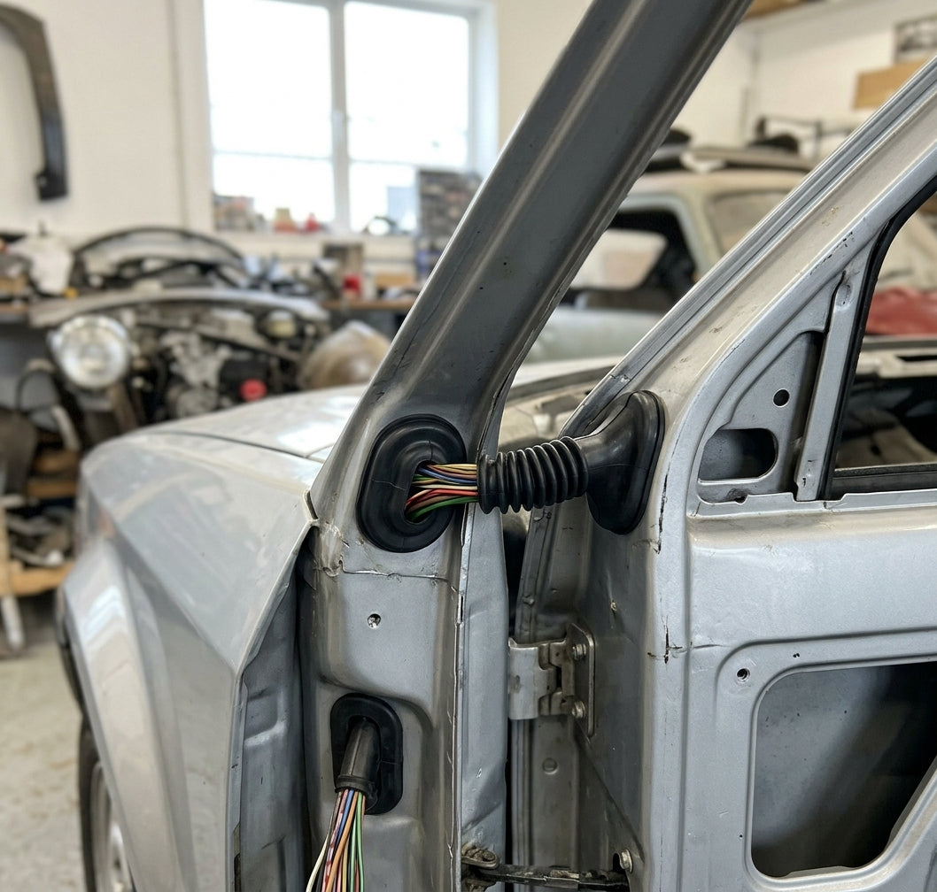 Two wiring grommets fitted to a silver car's A-pillar with cables visible