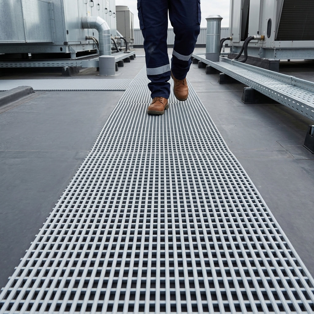 PVC Roof Walkway Matting with Ribbed Grid - 14mm Thick