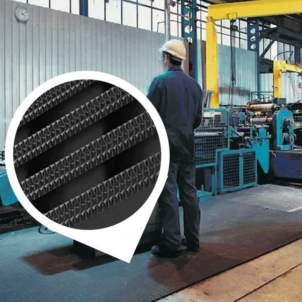 A worker in a hard hat and overalls stands on a heavy-duty industrial matting roll on a factory floor with machinery in the background. An inset circle provides a magnified view of the mat's non-slip, high-traction surface, featuring UV-resistant diamond-patterned ribs for superior grip. This durable floor mat is ideal for wet areas, industrial, and outdoor use.